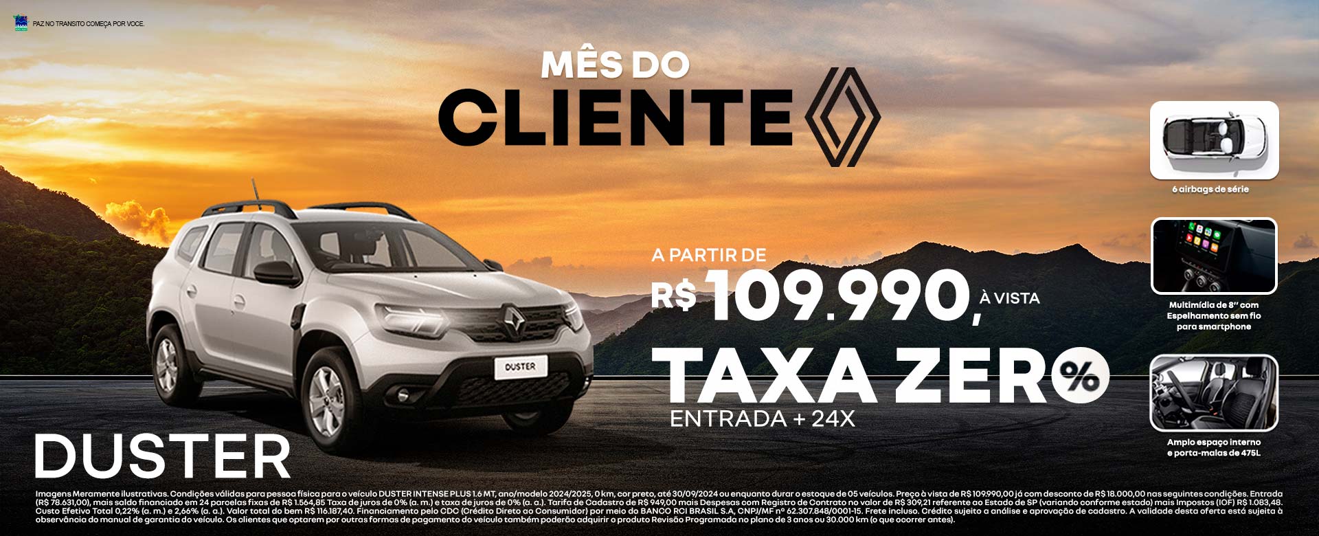 Duster a partir de R$ 109.990,00 à vista - taxa zero - entrada + 24z