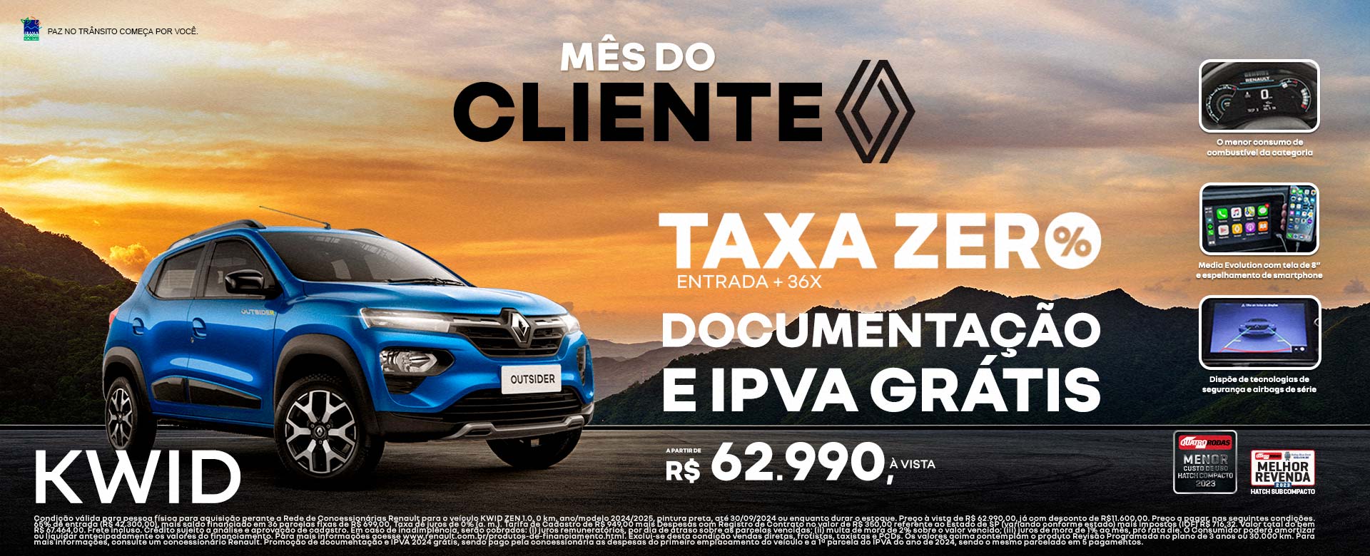 Kwid a partir de R$ 62.990,00 à vista - taxa zero entrada + 36x - documentação e IPVA grátis